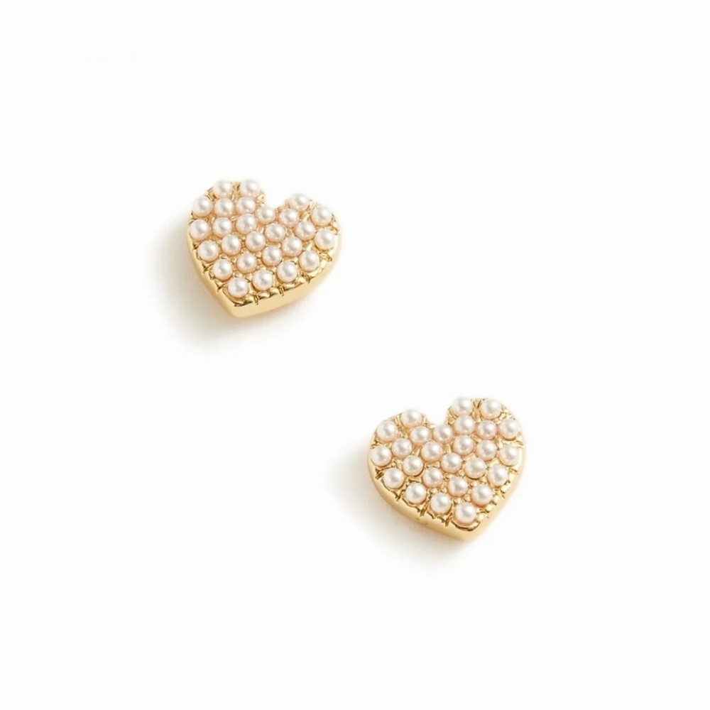 Gold Pave Heart Pearl Stud Earrings
